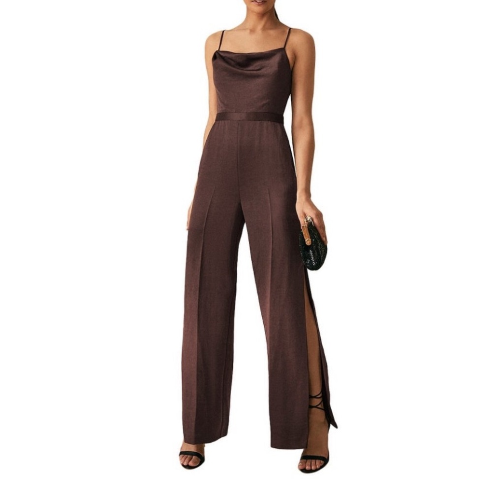Reiss Chocolate Brown Silk Side Slit Jumpsuit